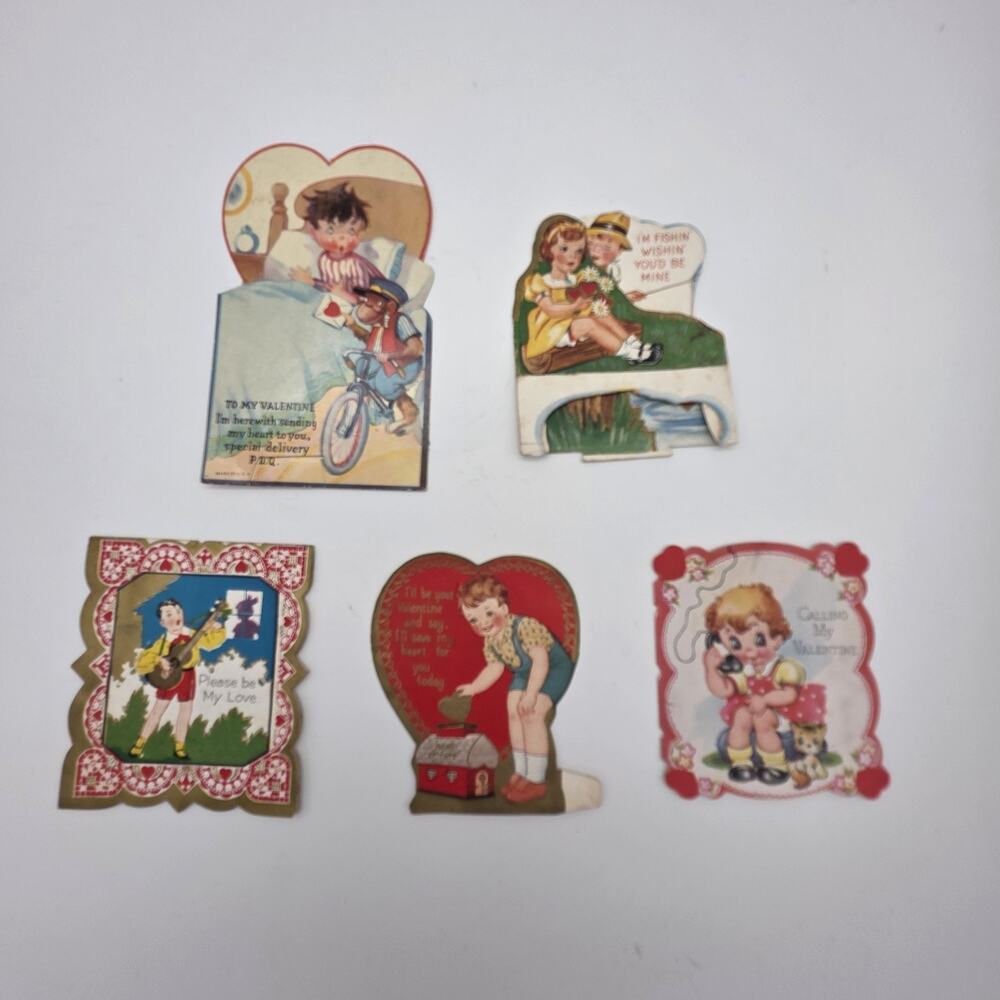 Lot 5 Vintage 1940s Valentine Cards Die Cut Mechanical Children Ephemera